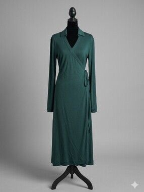 Quince 100% Silk Dark Green Long-Sleeve Wrap Maxi Dress NWT Medium $150
